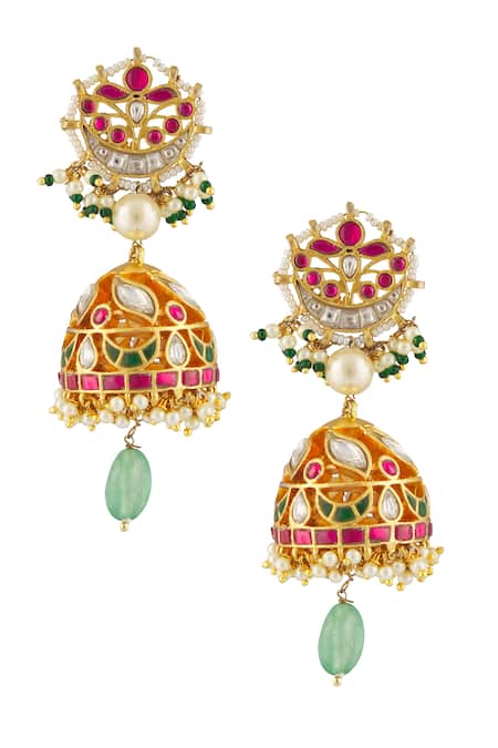 Shop Vivinia By Vidhi Mehra Multi Color Pearls, Piping, Stones Floral Kundan Studded Jhumkas at Aza Fashions Shop_Vivinia By Vidhi Mehra_Multi Color Pearls, Piping, Stones Floral Kundan Studded Jhumkas _at_Aza_Fashions