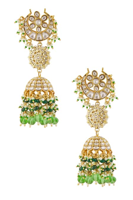 Shop Vivinia By Vidhi Mehra Green Kundan Studded Half Moon Jhoomar Jhumkas at Aza Fashions Shop_Vivinia By Vidhi Mehra_Green Kundan Studded Half Moon Jhoomar Jhumkas _at_Aza_Fashions