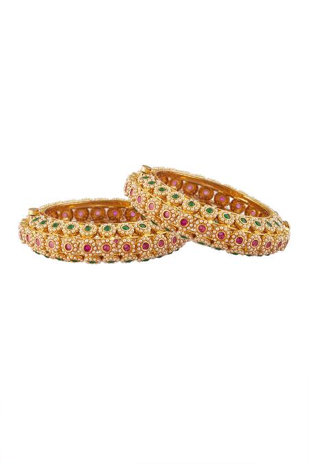Vivinia By Vidhi Mehra_Multi Color Pearls, Stones Floral Butti Kundan Embellished Bangles- Set Of 2 _Online_at_Aza_Fashions
