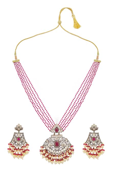 Shop Vivinia By Vidhi Mehra Pink Diamonds, Stones Kundan Embellished Pendant Necklace Set at Aza Fashions Shop_Vivinia By Vidhi Mehra_Pink Diamonds, Stones Kundan Embellished Pendant Necklace Set _at_Aza_Fashions