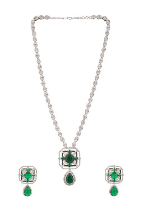 Shop Vivinia By Vidhi Mehra Green Zari Zircon Embellished Pendant Necklace Set at Aza Fashions Shop_Vivinia By Vidhi Mehra_Green Zari Zircon Embellished Pendant Necklace Set _at_Aza_Fashions