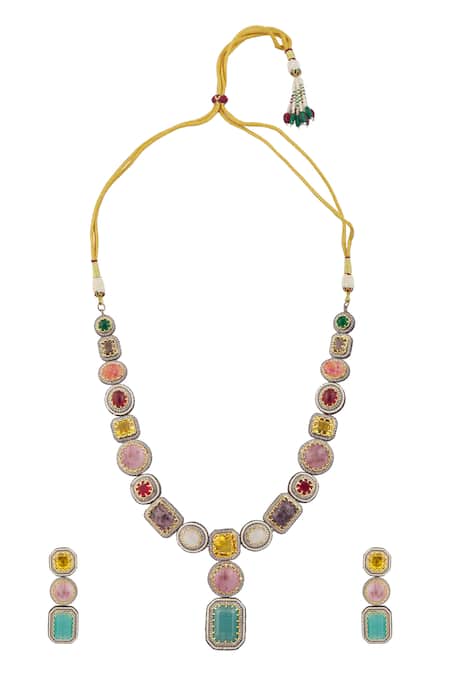 Vivinia By Vidhi Mehra Multi Color Beads, Zari Big Zircon Diamond Long Necklace Set  2
