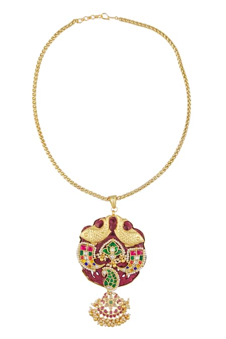 Shop_Vivinia By Vidhi Mehra_Green Crystals, Stones Fish Pendant Kundan Necklace Set _Online_at_Aza_Fashions