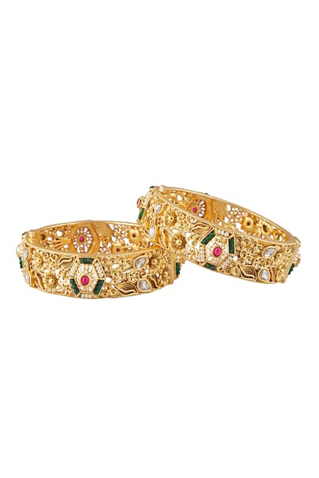Shop Vivinia By Vidhi Mehra Gold Plated Smocking, Diamonds Kundan Polki Embellished Bangles - Set Of 2 at Aza Fashions Shop_Vivinia By Vidhi Mehra_Gold Plated Smocking, Diamonds Kundan Polki Embellished Bangles - Set Of 2 _at_Aza_Fashions