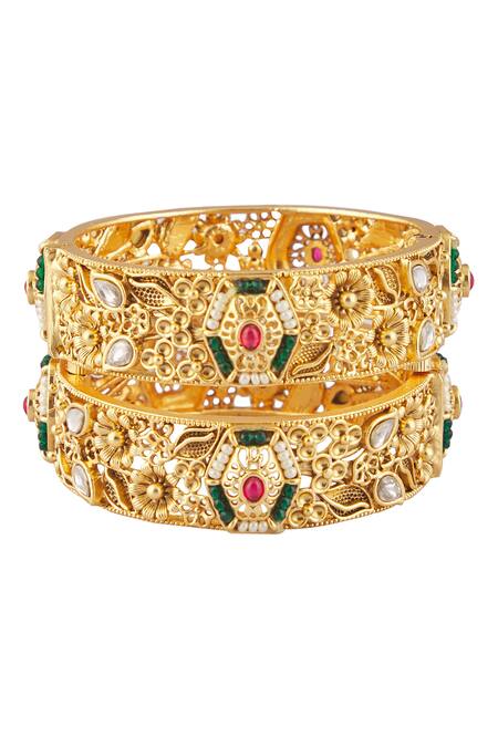 Vivinia By Vidhi Mehra Gold Plated Smocking, Diamonds Kundan Polki Embellished Bangles - Set Of 2 Online at Aza Fashions Vivinia By Vidhi Mehra_Gold Plated Smocking, Diamonds Kundan Polki Embellished Bangles - Set Of 2 _Online_at_Aza_Fashions