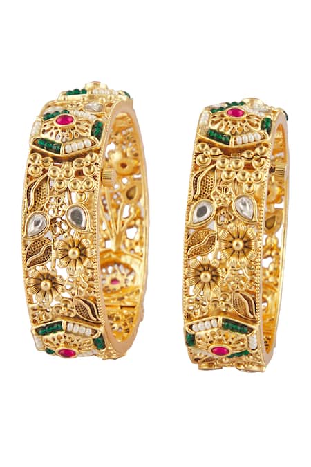 Shop Vivinia By Vidhi Mehra Gold Plated Smocking, Diamonds Kundan Polki Embellished Bangles - Set Of 2 Online at Aza Fashions Shop_Vivinia By Vidhi Mehra_Gold Plated Smocking, Diamonds Kundan Polki Embellished Bangles - Set Of 2 _Online_at_Aza_Fashions