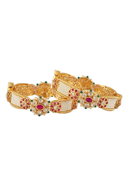 Shop Vivinia By Vidhi Mehra Gold Plated Smocking, Kundan Polki Embellished Temple Bangles - Set Of 2 at Aza Fashions Shop_Vivinia By Vidhi Mehra_Gold Plated Smocking, Kundan Polki Embellished Temple Bangles - Set Of 2 _at_Aza_Fashions