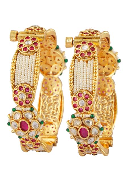 Vivinia By Vidhi Mehra Gold Plated Smocking, Kundan Polki Embellished Temple Bangles - Set Of 2 Online at Aza Fashions Vivinia By Vidhi Mehra_Gold Plated Smocking, Kundan Polki Embellished Temple Bangles - Set Of 2 _Online_at_Aza_Fashions
