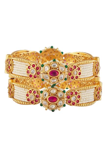Shop Vivinia By Vidhi Mehra Gold Plated Smocking, Kundan Polki Embellished Temple Bangles - Set Of 2 Online at Aza Fashions Shop_Vivinia By Vidhi Mehra_Gold Plated Smocking, Kundan Polki Embellished Temple Bangles - Set Of 2 _Online_at_Aza_Fashions