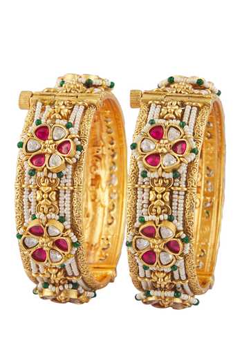 Vivinia By Vidhi Mehra Gold Plated Semi-precious Stones, Kundan Polki Embellished Bangles - Set Of 2 Online at Aza Fashions Vivinia By Vidhi Mehra_Gold Plated Semi-precious Stones, Kundan Polki Embellished Bangles - Set Of 2 _Online_at_Aza_Fashions