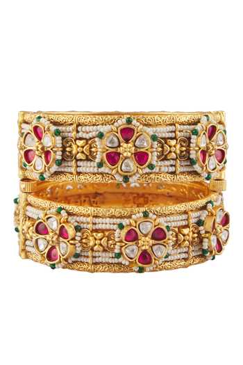 Shop Vivinia By Vidhi Mehra Gold Plated Semi-precious Stones, Kundan Polki Embellished Bangles - Set Of 2 Online at Aza Fashions Shop_Vivinia By Vidhi Mehra_Gold Plated Semi-precious Stones, Kundan Polki Embellished Bangles - Set Of 2 _Online_at_Aza_Fashions