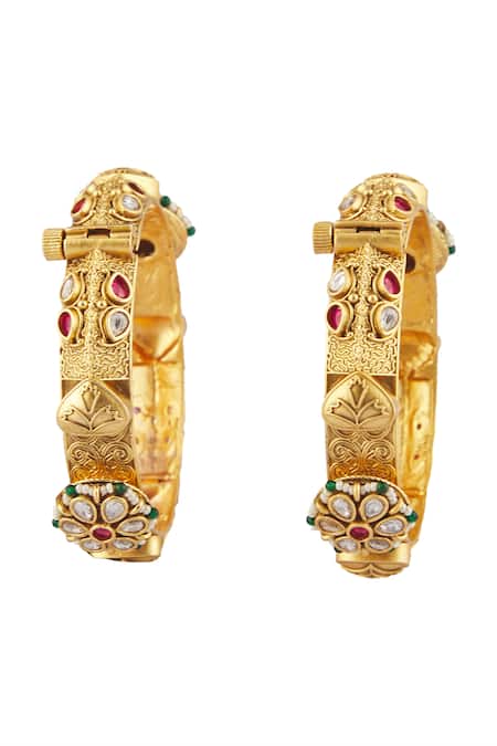 Shop Vivinia By Vidhi Mehra Gold Plated Smocking, Semi-precious Stones Embellished Temple Bangles - Set Of 2 at Aza Fashions Shop_Vivinia By Vidhi Mehra_Gold Plated Smocking, Semi-precious Stones Embellished Temple Bangles - Set Of 2 _at_Aza_Fashions