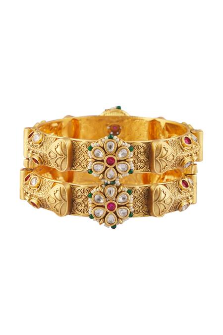 Vivinia By Vidhi Mehra Gold Plated Smocking, Semi-precious Stones Embellished Temple Bangles - Set Of 2 Online at Aza Fashions Vivinia By Vidhi Mehra_Gold Plated Smocking, Semi-precious Stones Embellished Temple Bangles - Set Of 2 _Online_at_Aza_Fashions