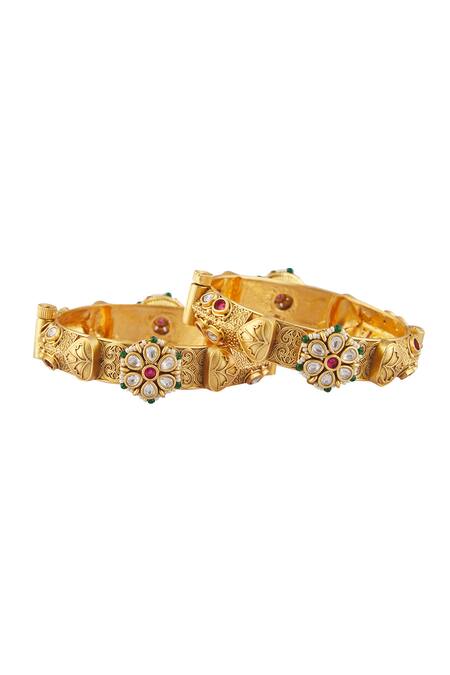 Shop Vivinia By Vidhi Mehra Gold Plated Smocking, Semi-precious Stones Embellished Temple Bangles - Set Of 2 Online at Aza Fashions Shop_Vivinia By Vidhi Mehra_Gold Plated Smocking, Semi-precious Stones Embellished Temple Bangles - Set Of 2 _Online_at_Aza_Fashions