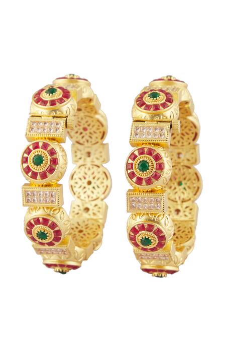 Vivinia By Vidhi Mehra_Gold Plated Smocking Stones Embellished Bangles - Set Of 2 _Online_at_Aza_Fashions
