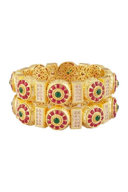 Shop_Vivinia By Vidhi Mehra_Gold Plated Smocking Stones Embellished Bangles - Set Of 2 _Online_at_Aza_Fashions