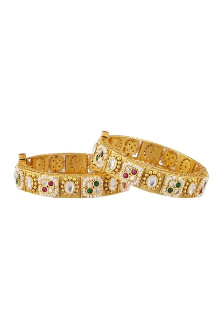 Shop Vivinia By Vidhi Mehra Gold Plated Smocking Stone Embellished Temple Bangles - Set Of 2 at Aza Fashions Shop_Vivinia By Vidhi Mehra_Gold Plated Smocking Stone Embellished Temple Bangles - Set Of 2 _at_Aza_Fashions