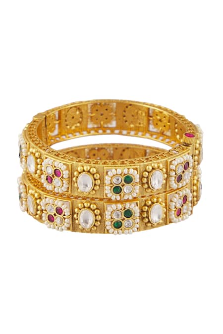 Shop Vivinia By Vidhi Mehra Gold Plated Smocking Stone Embellished Temple Bangles - Set Of 2 Online at Aza Fashions Shop_Vivinia By Vidhi Mehra_Gold Plated Smocking Stone Embellished Temple Bangles - Set Of 2 _Online_at_Aza_Fashions