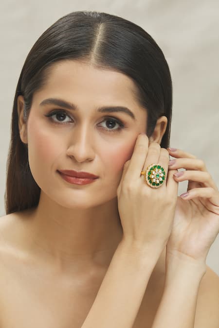 Buy_Vivinia By Vidhi Mehra_Green Smocking, Diamonds Kundan Polki Embellished Ring _Online_at_Aza_Fashions