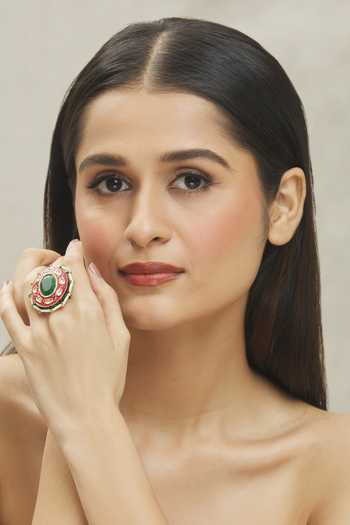 Buy_Vivinia By Vidhi Mehra_Green Sequins, Stones Kundan Polkis Embellished Ring _Online_at_Aza_Fashions