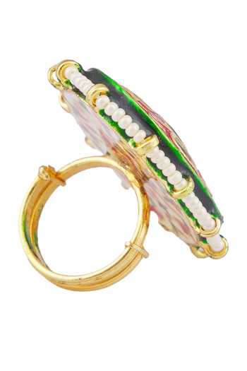Shop_Vivinia By Vidhi Mehra_Green Sequins, Stones Kundan Polkis Embellished Ring _Online_at_Aza_Fashions