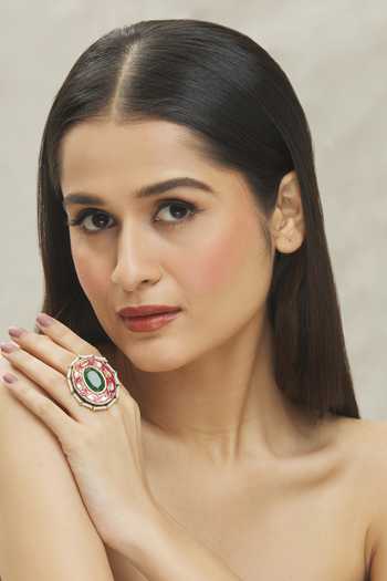 Vivinia By Vidhi Mehra_Green Sequins, Stones Kundan Polkis Embellished Ring _at_Aza_Fashions