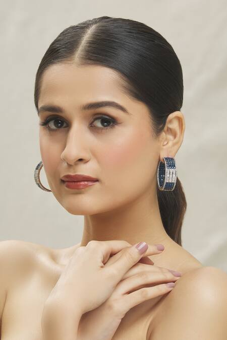 Shop Vivinia By Vidhi Mehra Blue Zari Zircon Diamond Embellished Hoop Earrings Online at Aza Fashions Shop_Vivinia By Vidhi Mehra_Blue Zari Zircon Diamond Embellished Hoop Earrings _Online_at_Aza_Fashions