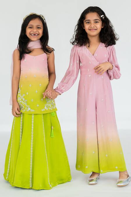 EASE Pink Crepe Embroidery Butti Ombre Jumpsuit at Aza Fashions EASE_Pink Crepe Embroidery Butti Ombre Jumpsuit _at_Aza_Fashions