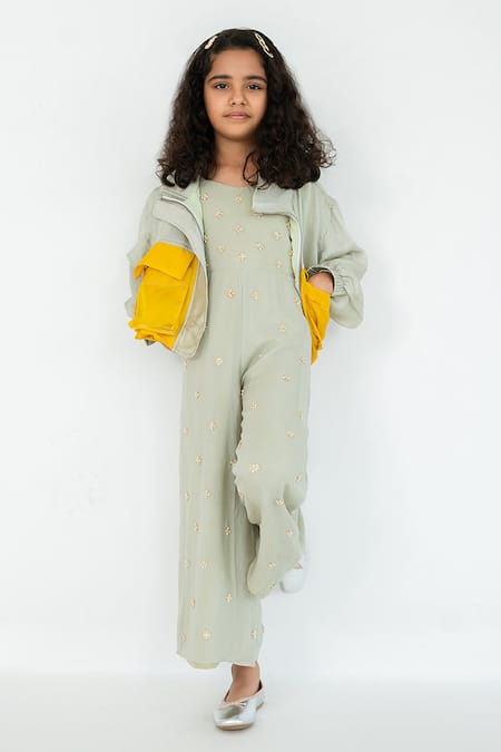 Shop_EASE_Blue Satin, Organza, Crepe Embroidery Butti Jumpsuit With Jacket _at_Aza_Fashions