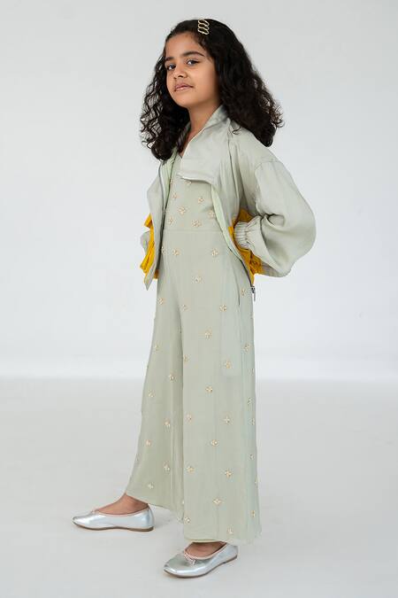 Shop_EASE_Blue Satin, Organza, Crepe Embroidery Butti Jumpsuit With Jacket _Online_at_Aza_Fashions