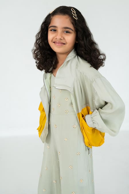 EASE_Blue Satin, Organza, Crepe Embroidery Butti Jumpsuit With Jacket _at_Aza_Fashions