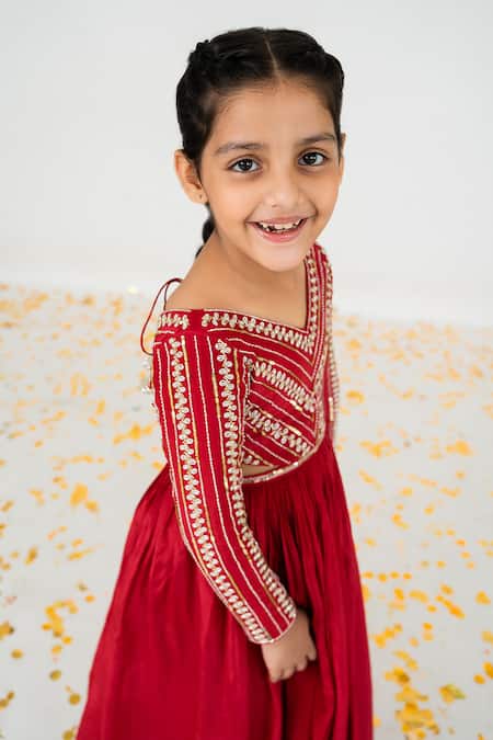 Buy_EASE_Red Crepe Embroidery Nakshi Yoke Anarkali With Dupatta _Online_at_Aza_Fashions