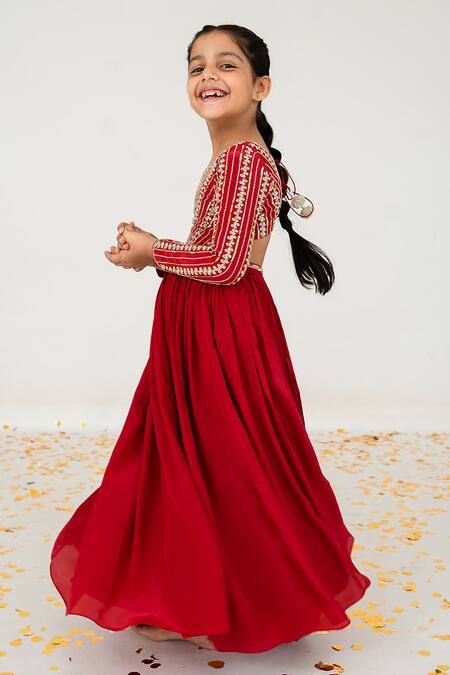 Shop_EASE_Red Crepe Embroidery Nakshi Yoke Anarkali With Dupatta _Online_at_Aza_Fashions