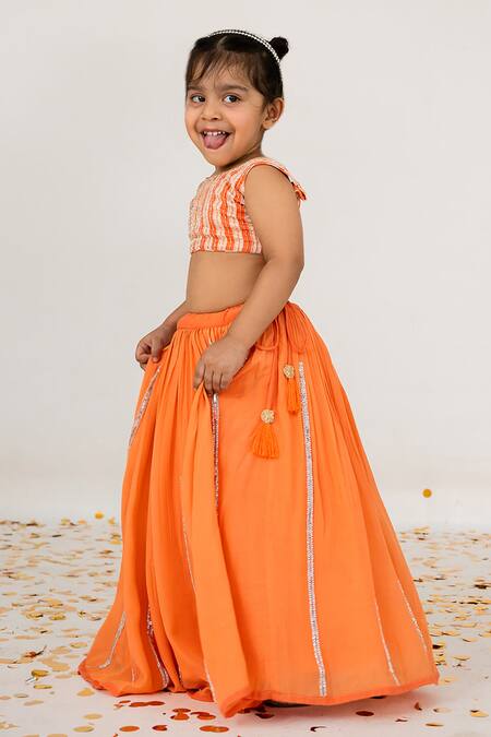 EASE_Orange Satin, Crepe Cut Work, Embroidery Cutdana Top With Lehenga _Online_at_Aza_Fashions