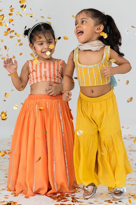 Shop_EASE_Orange Satin, Crepe Cut Work, Embroidery Cutdana Top With Lehenga _Online_at_Aza_Fashions