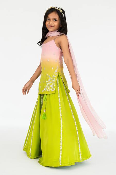 EASE_Pink Satin, Viscose, Organza Embroidery Ombre Butti Kurta Lehenga Set _Online_at_Aza_Fashions
