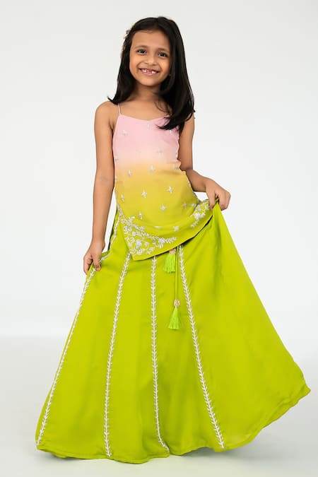 Shop_EASE_Pink Satin, Viscose, Organza Embroidery Ombre Butti Kurta Lehenga Set _Online_at_Aza_Fashions