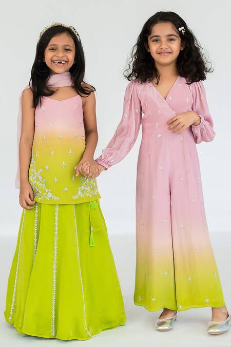 EASE_Pink Satin, Viscose, Organza Embroidery Ombre Butti Kurta Lehenga Set _at_Aza_Fashions