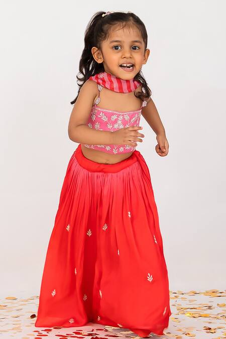 EASE_Red Satin, Organza, Viscose Cut Work, Embroidery Leaf Butti Lehenga Set _Online_at_Aza_Fashions