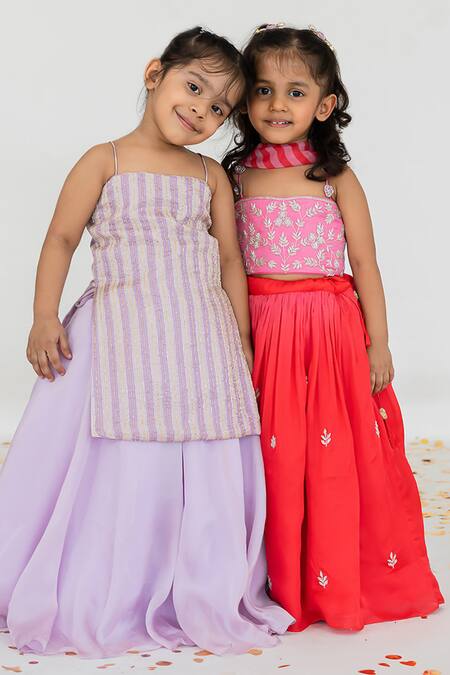 Buy_EASE_Red Satin, Organza, Viscose Cut Work, Embroidery Leaf Butti Lehenga Set _Online_at_Aza_Fashions