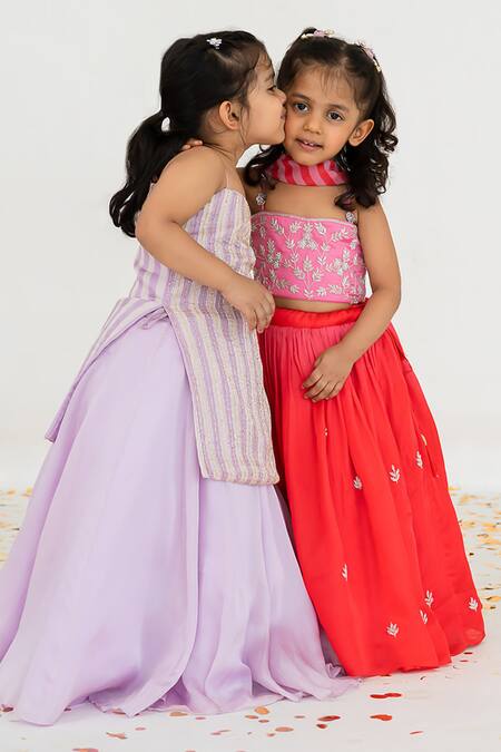 Shop_EASE_Red Satin, Organza, Viscose Cut Work, Embroidery Leaf Butti Lehenga Set _Online_at_Aza_Fashions