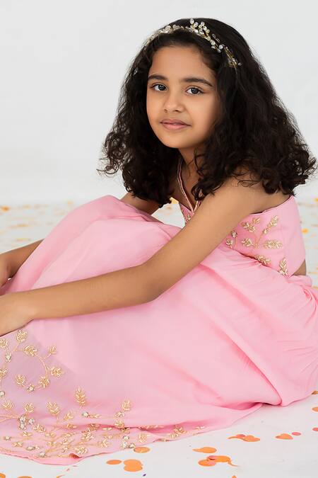 EASE_Pink Crepe, Viscose Embroidery Nakshi Blouse And Lehenga Set _Online_at_Aza_Fashions