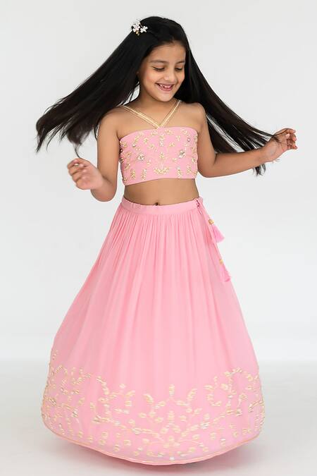 Buy_EASE_Pink Crepe, Viscose Embroidery Nakshi Blouse And Lehenga Set _Online_at_Aza_Fashions