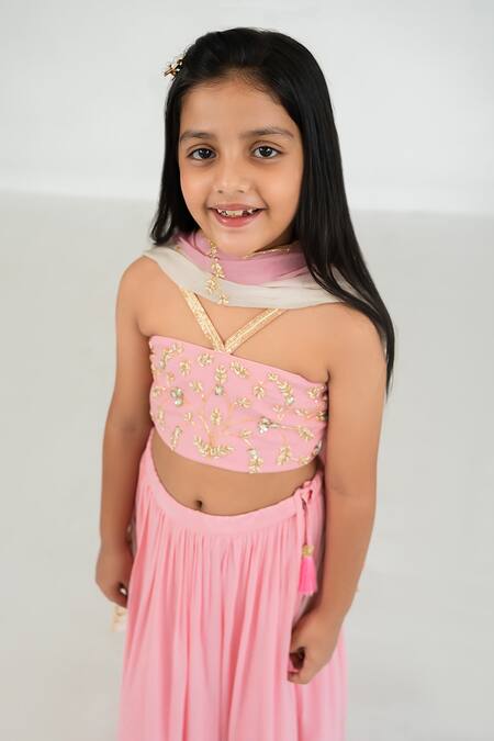 Shop_EASE_Pink Crepe, Viscose Embroidery Nakshi Blouse And Lehenga Set _Online_at_Aza_Fashions