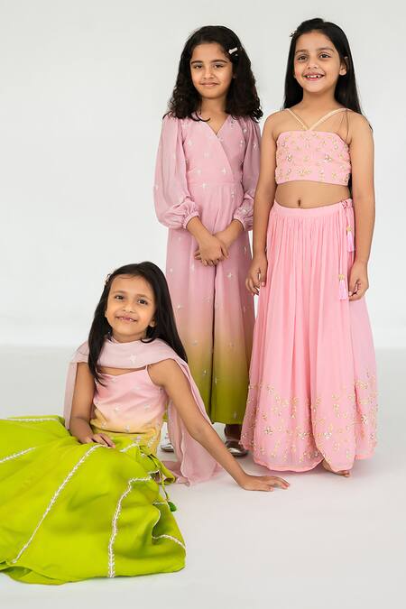 EASE_Pink Crepe, Viscose Embroidery Nakshi Blouse And Lehenga Set _at_Aza_Fashions