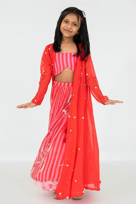 EASE Red Viscose, Organza Embroidery Butti Jacket Lehenga Set Online at Aza Fashions EASE_Red Viscose, Organza Embroidery Butti Jacket Lehenga Set _Online_at_Aza_Fashions