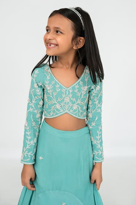 EASE_Blue Crepe, Viscose Embroidery Flower Vine Blouse Lehenga Set _Online_at_Aza_Fashions