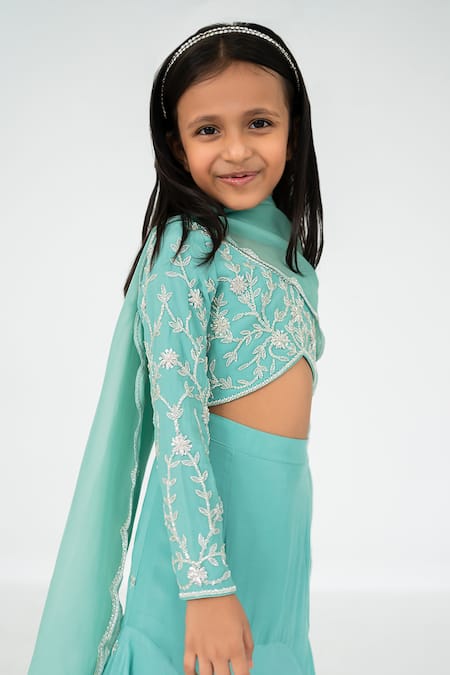 Buy_EASE_Blue Crepe, Viscose Embroidery Flower Vine Blouse Lehenga Set _Online_at_Aza_Fashions