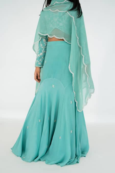 Shop_EASE_Blue Crepe, Viscose Embroidery Flower Vine Blouse Lehenga Set _Online_at_Aza_Fashions
