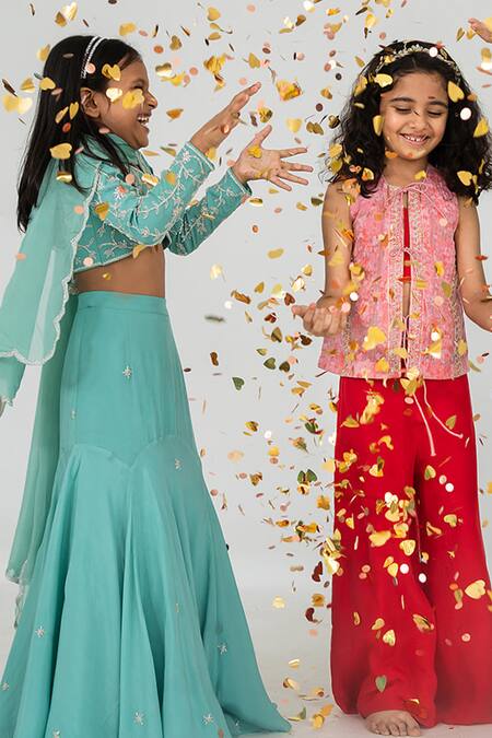 EASE_Blue Crepe, Viscose Embroidery Flower Vine Blouse Lehenga Set _at_Aza_Fashions
